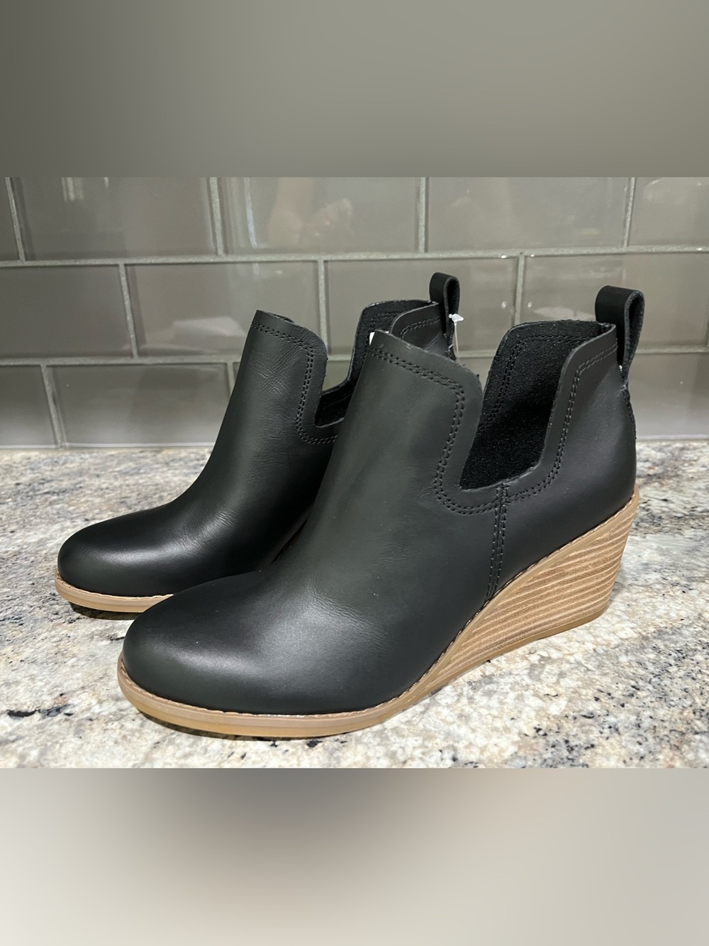 TOMS Black Leather Kallie Wedge Booties with Tan Stacked Heel